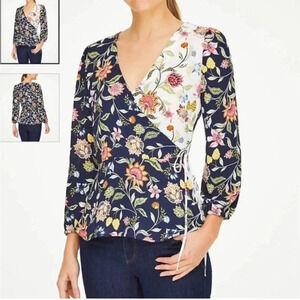 LOFT Floral Wrap Blouse size XS Navy blue, white multicolor